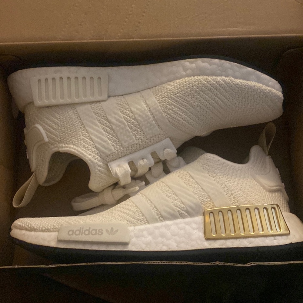 Woman’s size 6 Adidas NMD_R1 cream with gold. Worn 1x
